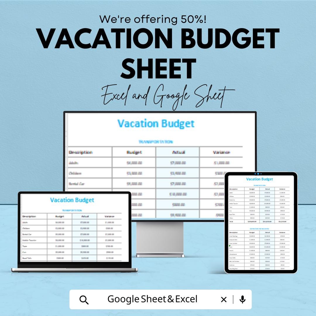 Vacation Budget Sheet | Travel Expense Tracker | Google Sheet & Excel | Trip Planner for Family, Solo, or Group Travel Budgeting