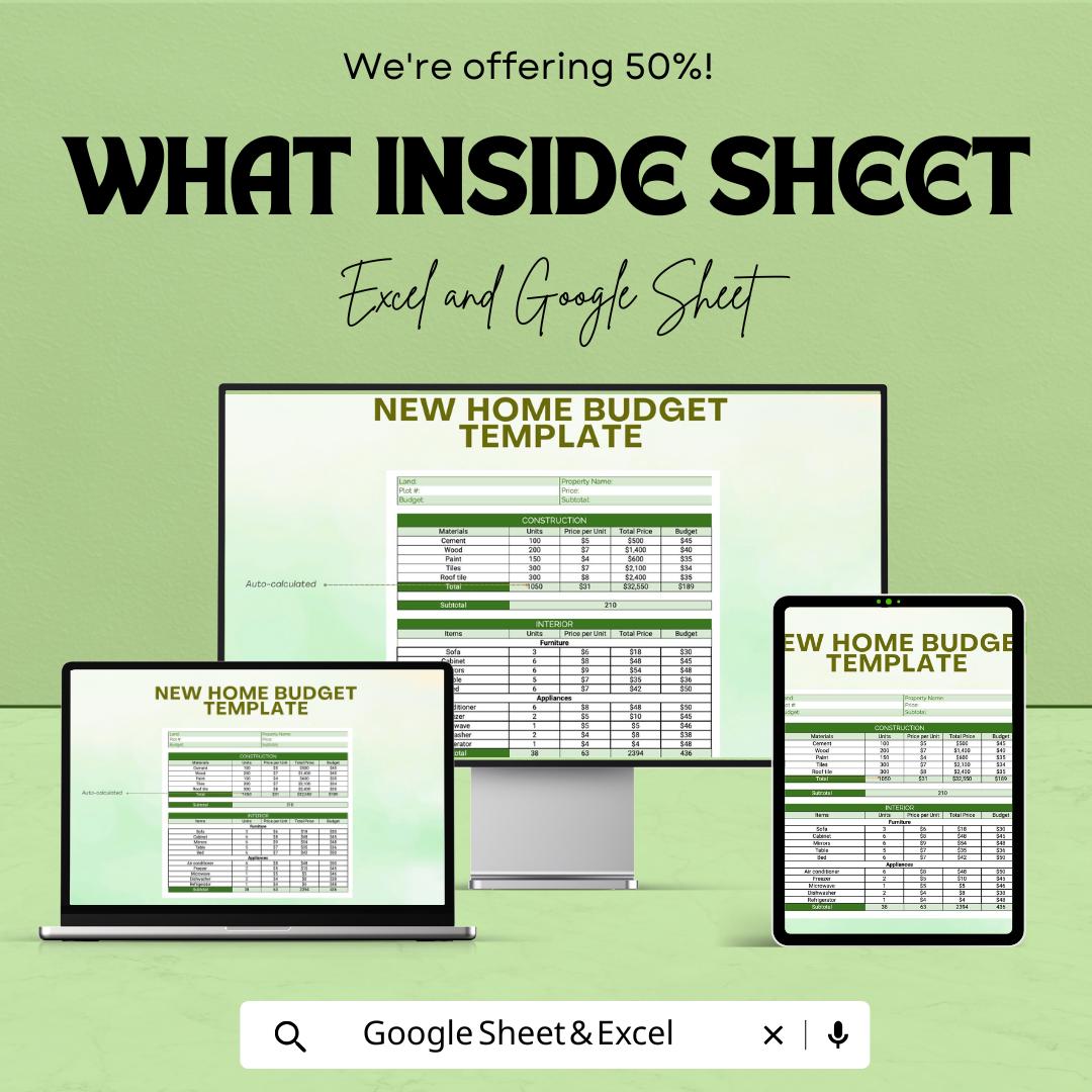 New Home Construction Budget Sheet | Google Sheets Template | Track Material, Labor & Interior Costs | Budget Planning for Your Dream Home