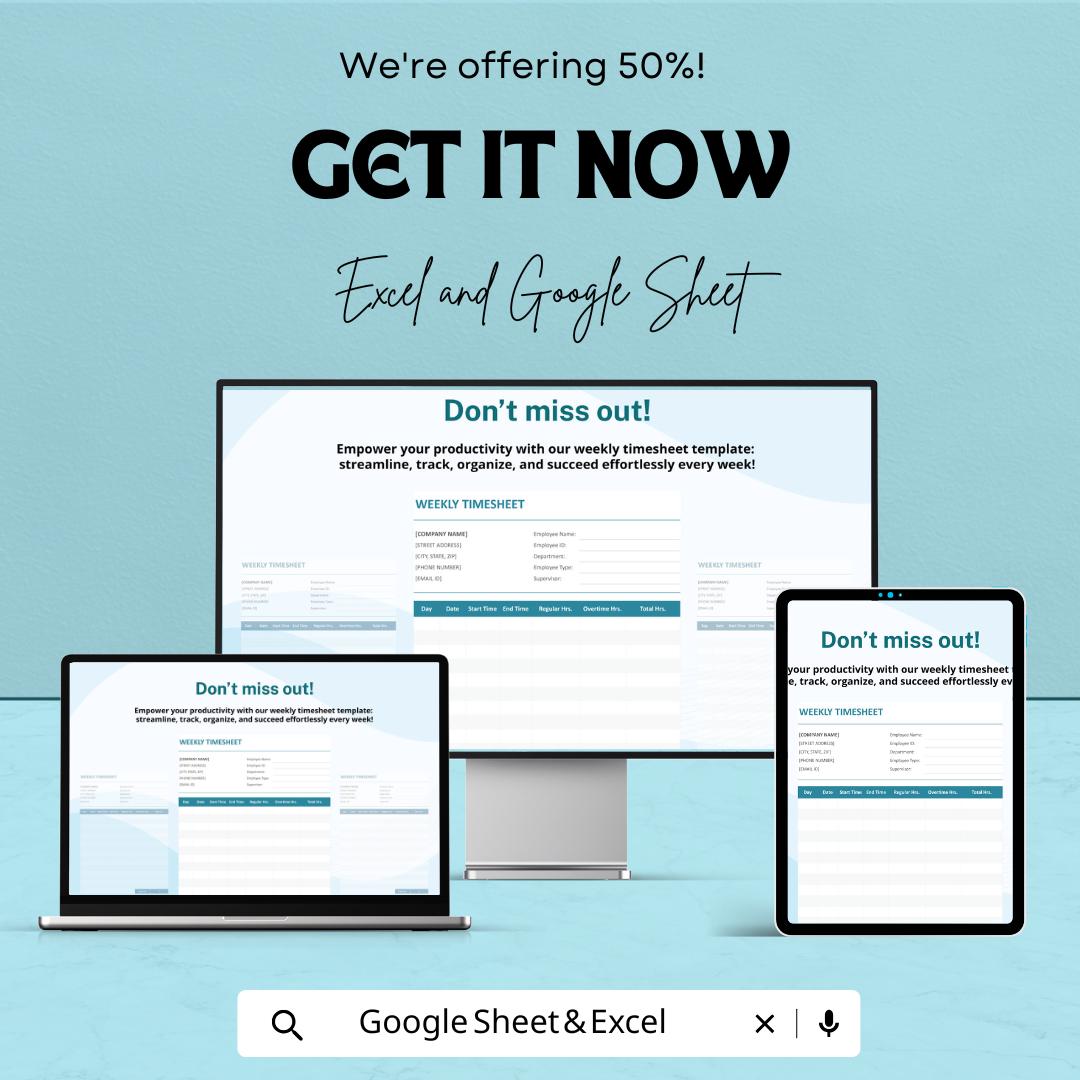 Weekly Timesheet Template | Employee Timesheet | Work Hours Tracker | Timesheet Excel & Google Sheets | Weekly Work Log | Payroll Timesheet