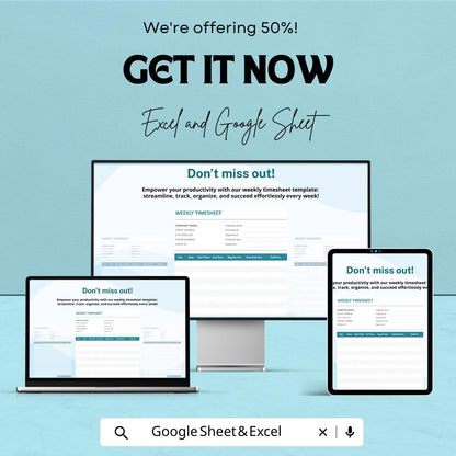 Weekly Timesheet Template | Employee Timesheet | Work Hours Tracker | Timesheet Excel & Google Sheets | Weekly Work Log | Payroll Timesheet