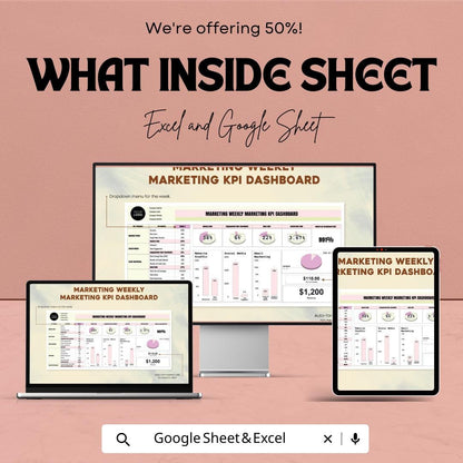 Marketing Weekly KPI Dashboard | Google Sheet | Track Website Traffic, Social Media & Email Marketing Performance | ROI Tracker Template