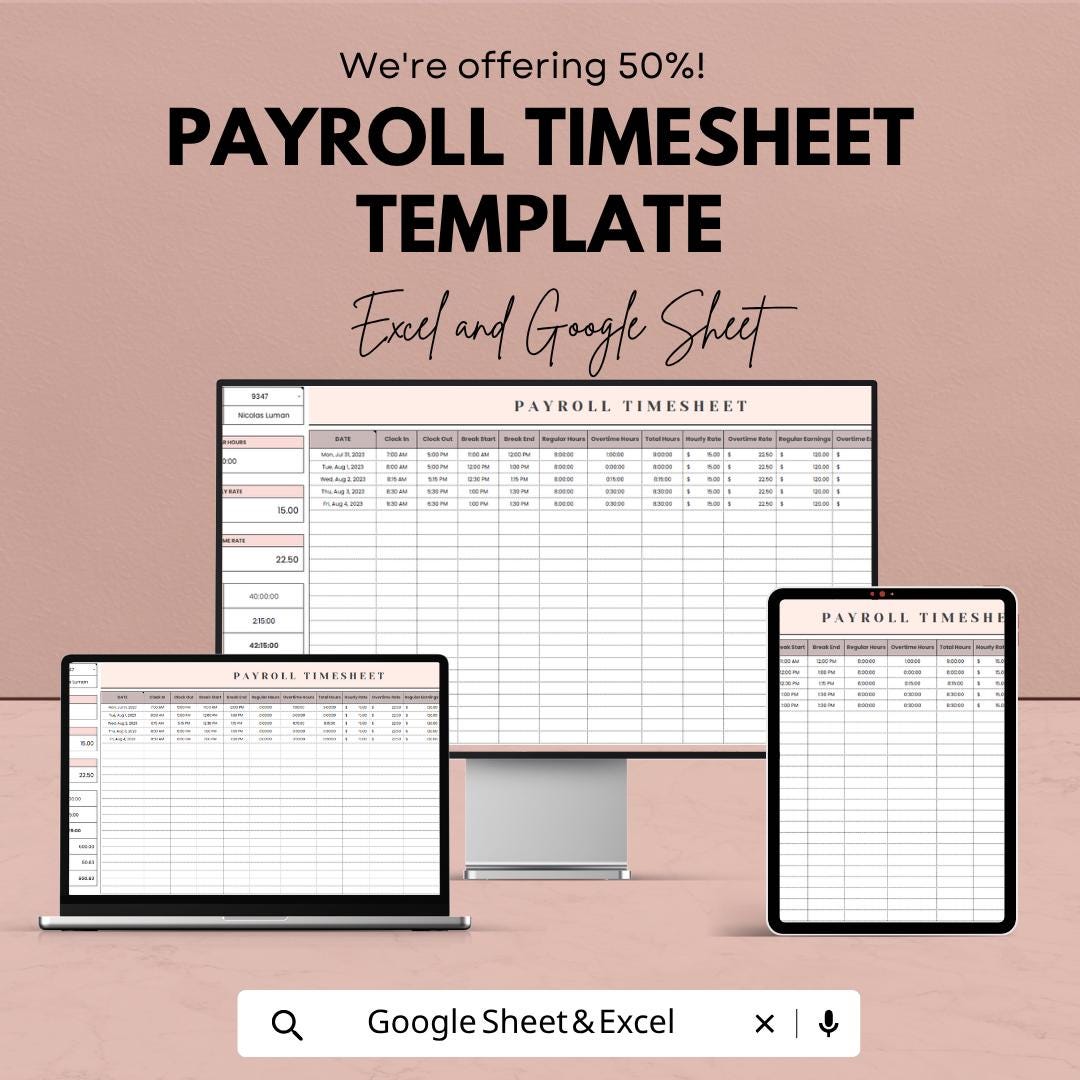 Payroll Timesheet Template | Employee Timesheet Spreadsheet | Work Hours Tracker | Excel & Google Sheets | Payroll Tracker Sheet