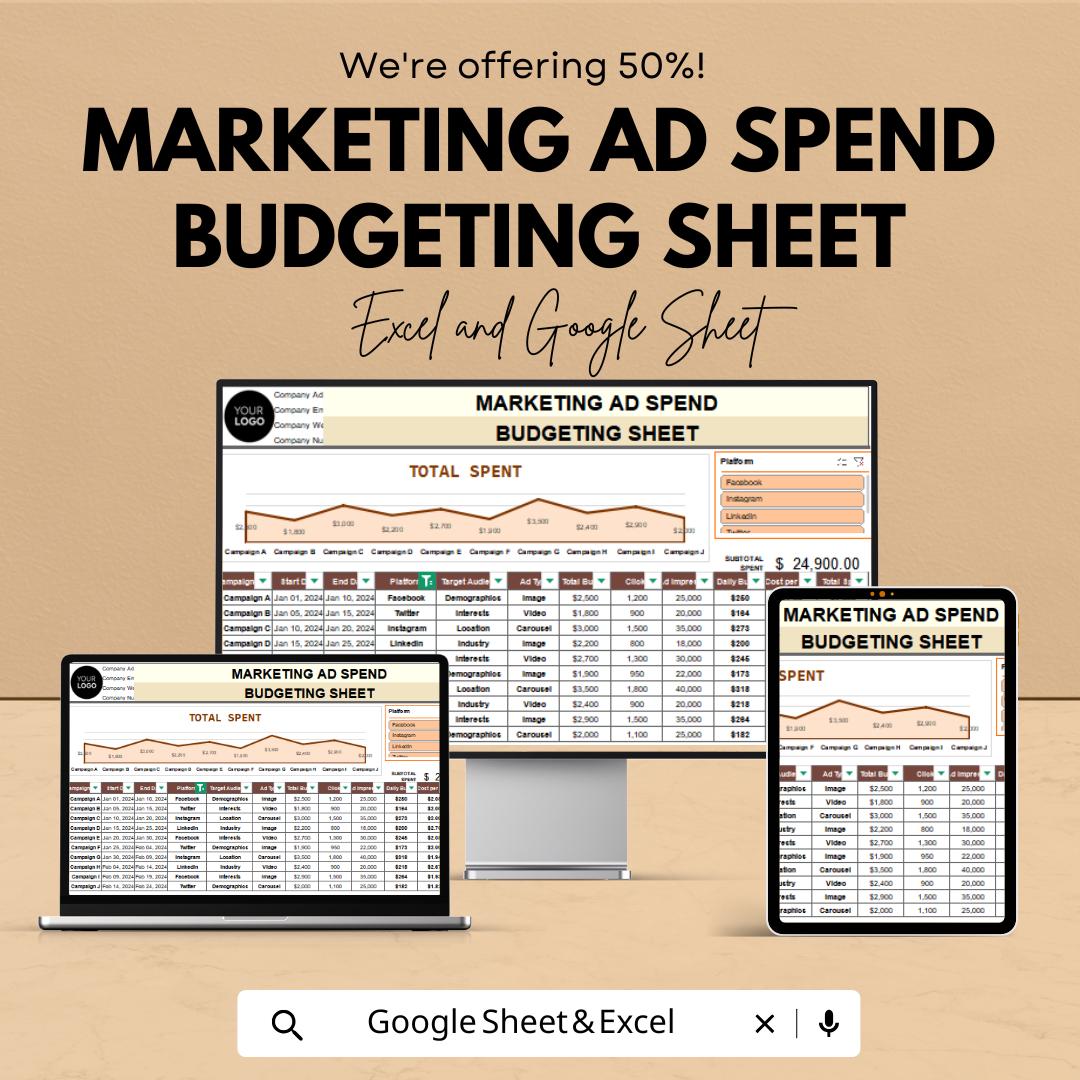 Marketing Ad Spend Budgeting Sheet | Excel and Google Sheets Template | Track Advertising Campaigns, Budget & ROI