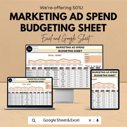 Marketing Ad Spend Budgeting Sheet | Excel and Google Sheets Template | Track Advertising Campaigns, Budget & ROI