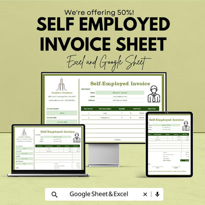 Self Employed Invoice Template | Freelance Billing Sheet | Google Sheets and Excel | Printable & Editable | Instant Download