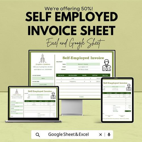 Self Employed Invoice Template | Freelance Billing Sheet | Google Sheets and Excel | Printable & Editable | Instant Download