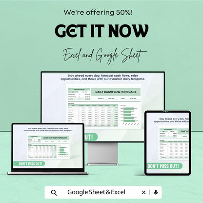 Daily Cashflow Forecast Template, Cash Flow Spreadsheet, Daily Finance Tracker, Business Cash Planner, Short Term Forecast