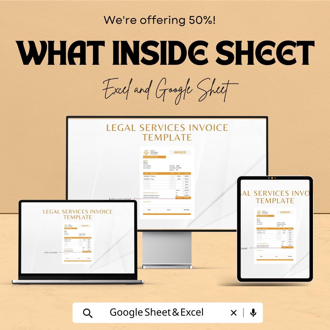 Legal Services Invoice Sheet | Google Sheet Template for Law Firms | Customizable Invoice Template | Legal Billing and Invoice Tracker |