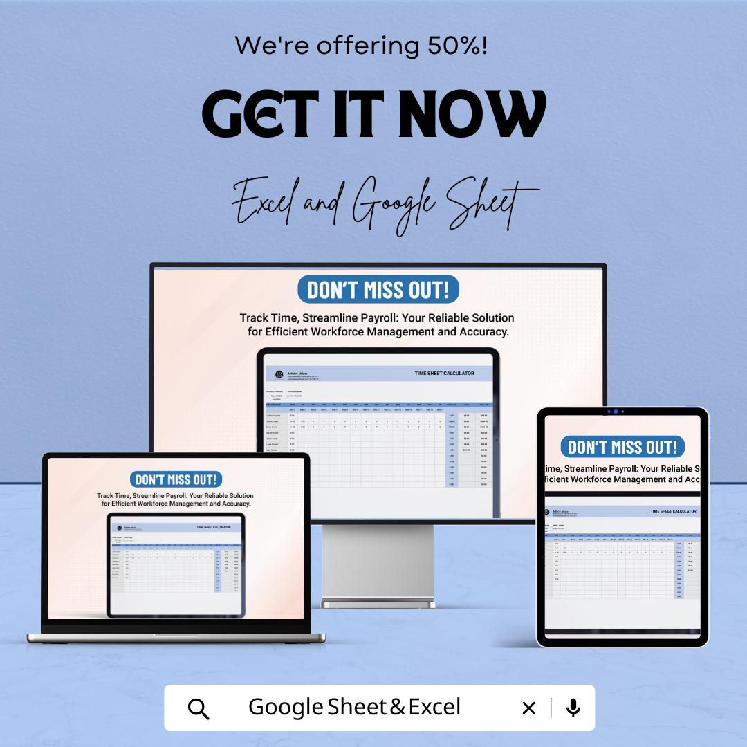 Timesheet Calculator Sheet | Payroll & Work Hour Tracker in Excel and Google Sheets