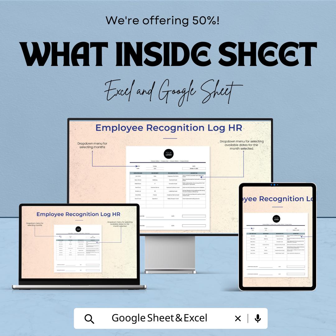 Employee Recognition Log HR Template, Excel & Google Sheets, Staff Appreciation Tracker, Employee Awards Log, HR Performance Spreadsheet
