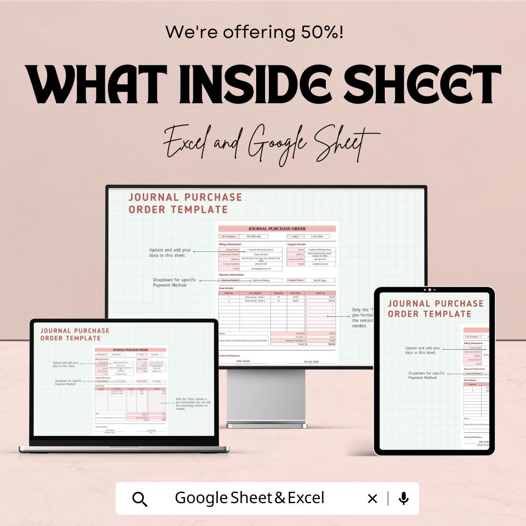 Journal Purchase Order Sheet | School and Library PO Form | Excel & Google Sheet Template | Billing, Supplier, Payment Info Tracker