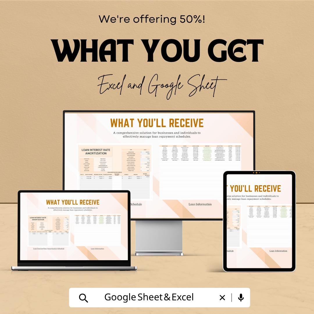 Loan Amortization Schedule Excel | Loan Payment Calculator | Interest Rate Tracker Spreadsheet | Debt Payoff Planner | Google Sheets