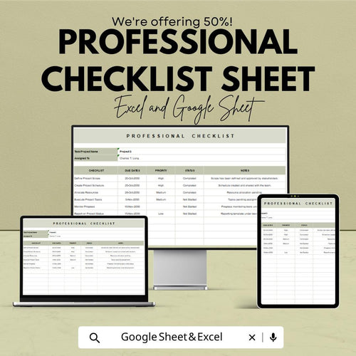 Professional Checklist Sheet | Google Sheets and Excel | Task & Project Tracker | Editable To-Do Planner | Business Checklist Template