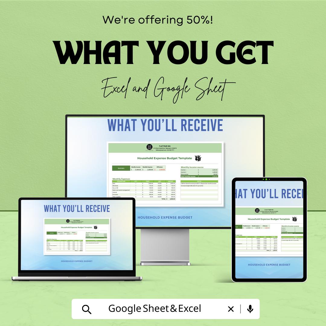 Household Expense Budget Sheet | Excel & Google Sheets | Budget Planner Template | Monthly Expense Tracker | Household Finance Management