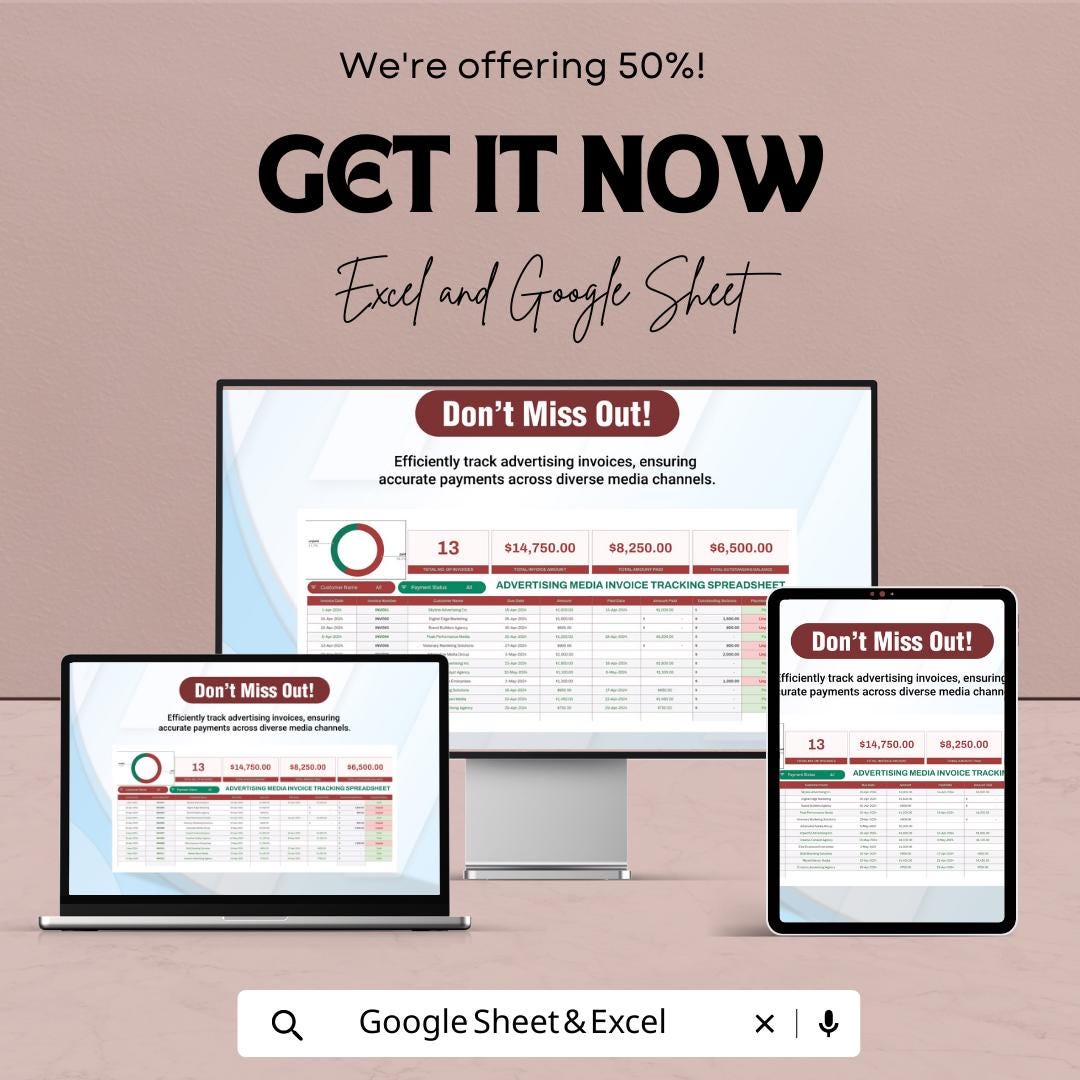 Advertising Media Invoice Tracking Spreadsheet Template  | Ad Invoice Tracker | Media Spend Dashboard | Marketing Payment Tracker