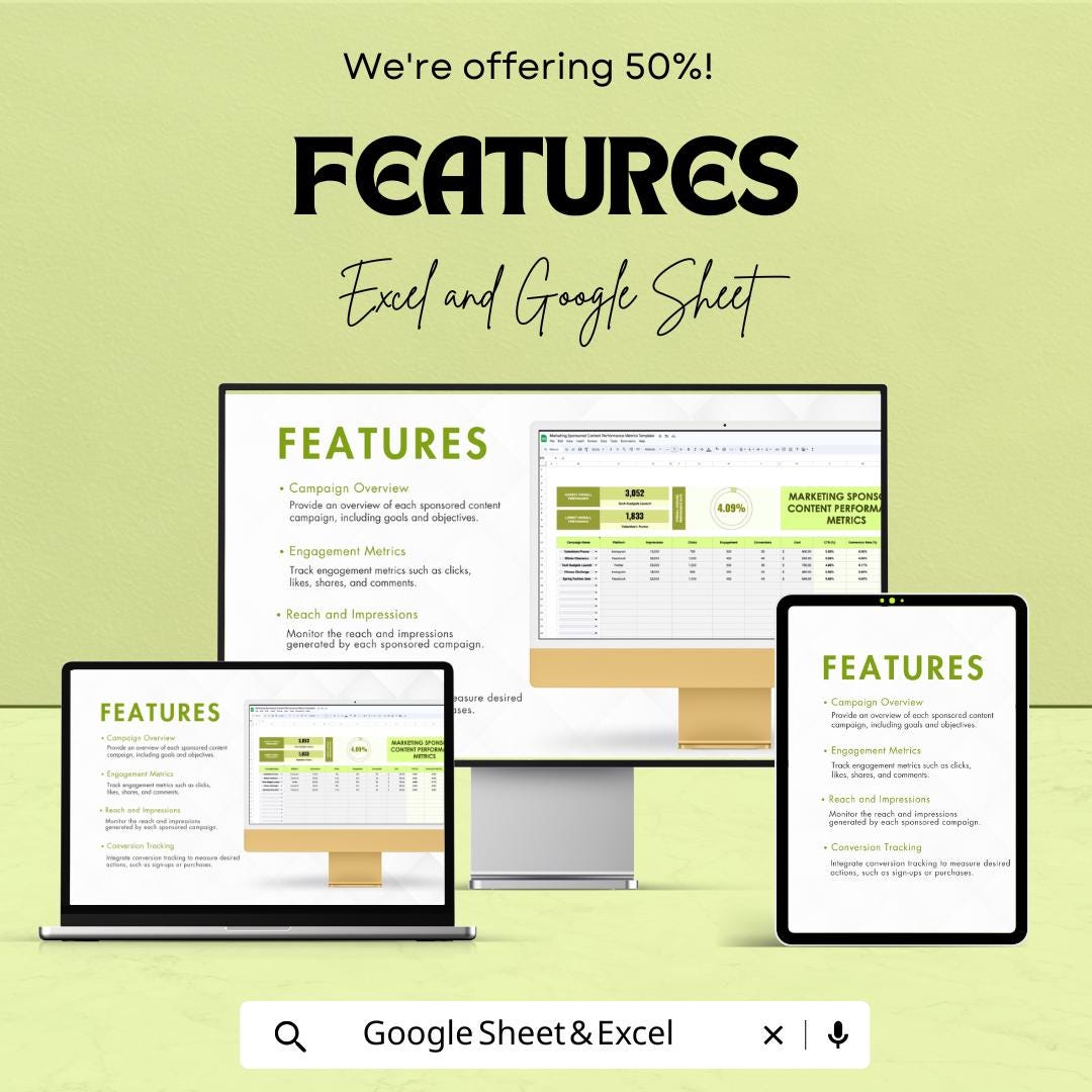 Marketing Sponsored Content Performance Metrics Template | Campaign Metrics Tracker | Engagement and Conversion Tracker