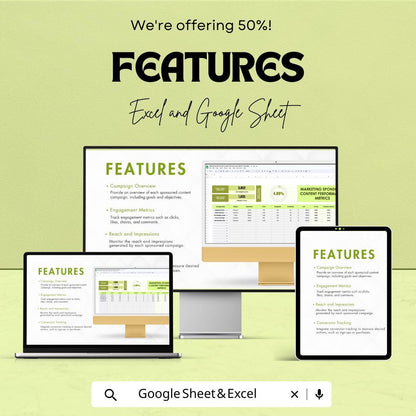 Marketing Sponsored Content Performance Metrics Template | Campaign Metrics Tracker | Engagement and Conversion Tracker