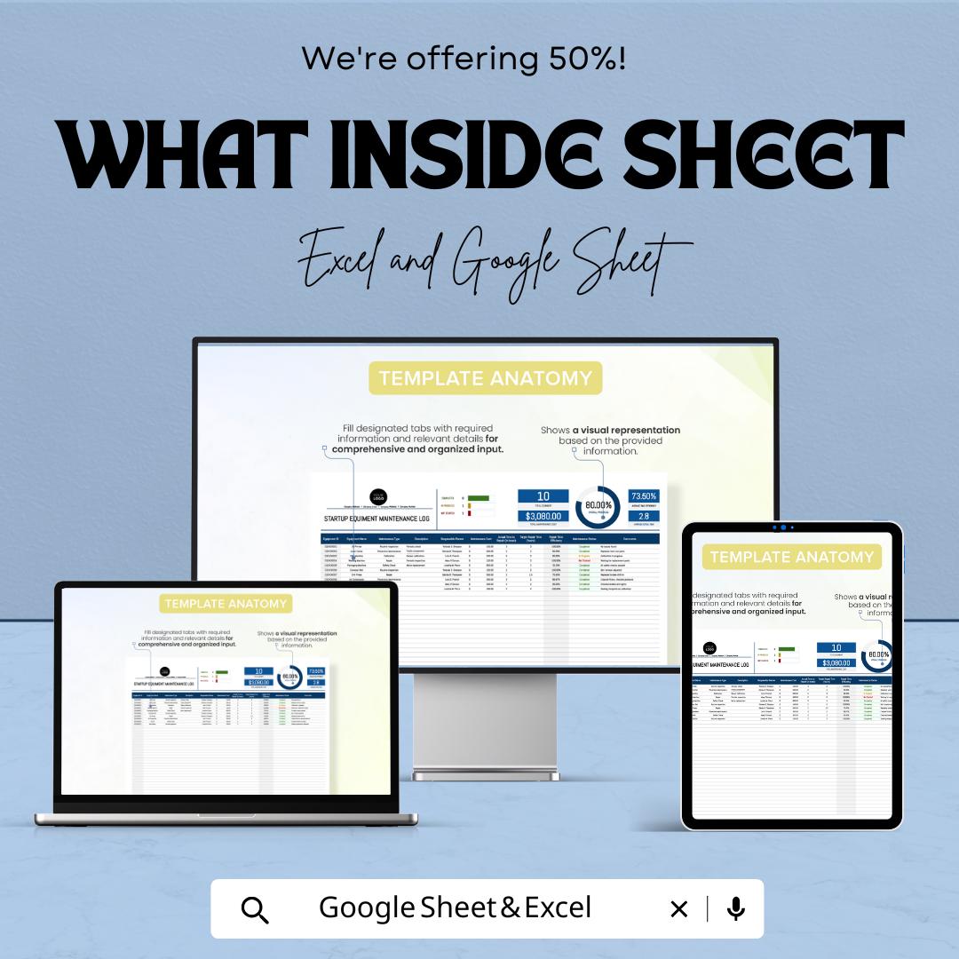 Startup Equipment Maintenance Log Template | Excel & Google Sheets | Equipment Tracking Spreadsheet | Maintenance Record System
