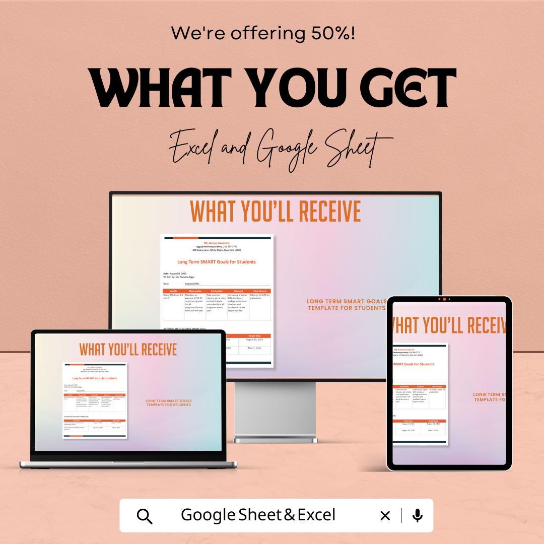 Long Term SMART Goals Template for Students | Academic Goal Planner | Student Goal Setting Worksheet | Study Planning Template