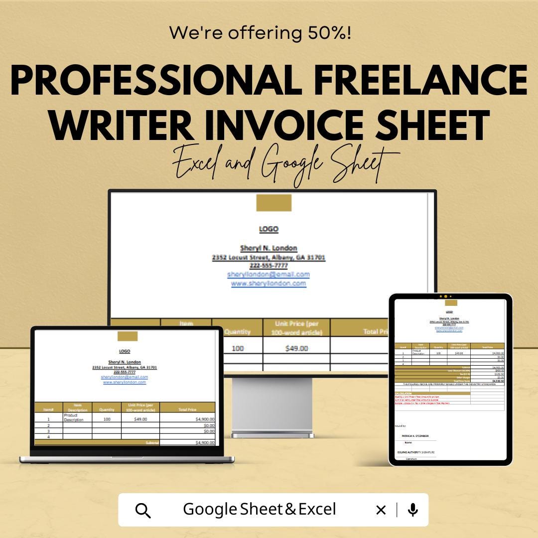 Freelance Writer Invoice Template | Editable Google Sheets & Excel | Professional Billing Sheet | Writing Invoice | Instant Download