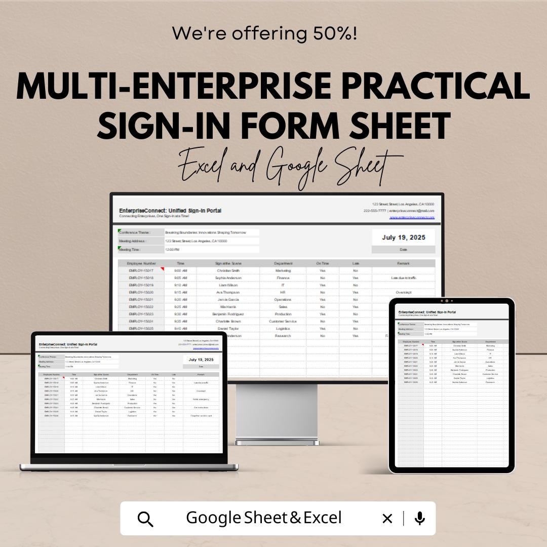 Multi-Enterprise Practical Sign-In Form Sheet | Employee Attendance & Sign-In Template | Excel and Google Sheet Format