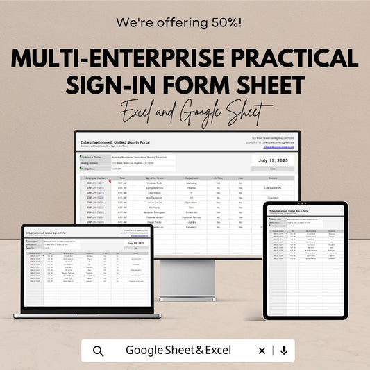 Multi-Enterprise Practical Sign-In Form Sheet | Employee Attendance & Sign-In Template | Excel and Google Sheet Format