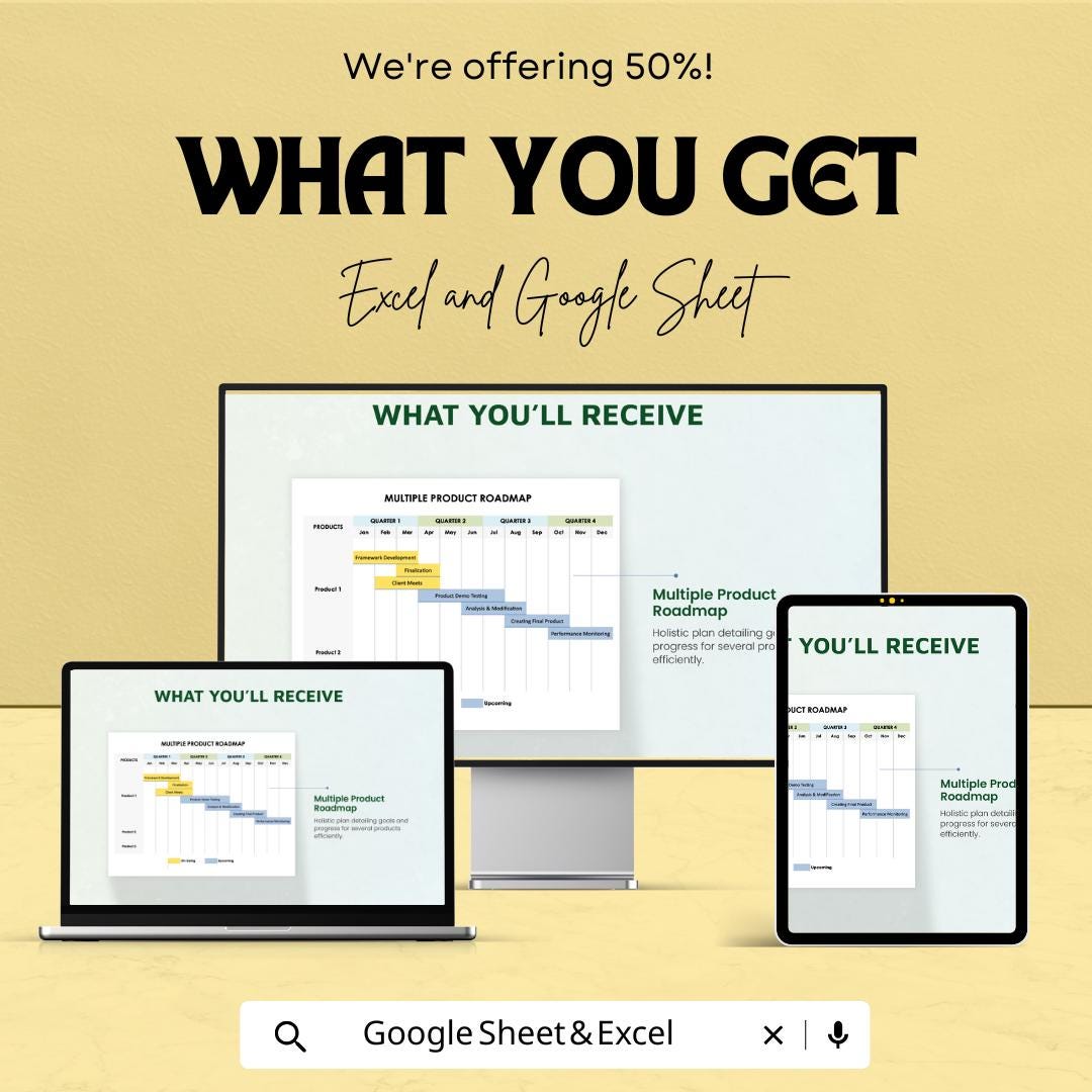 Multiple Product Roadmap Template - Editable Excel and Google Sheets - Plan & Track Product Progress Across Multiple Quarters