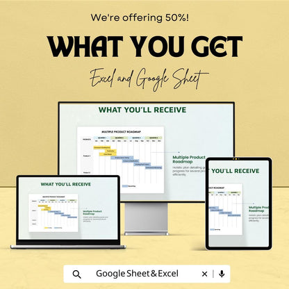 Multiple Product Roadmap Template - Editable Excel and Google Sheets - Plan & Track Product Progress Across Multiple Quarters