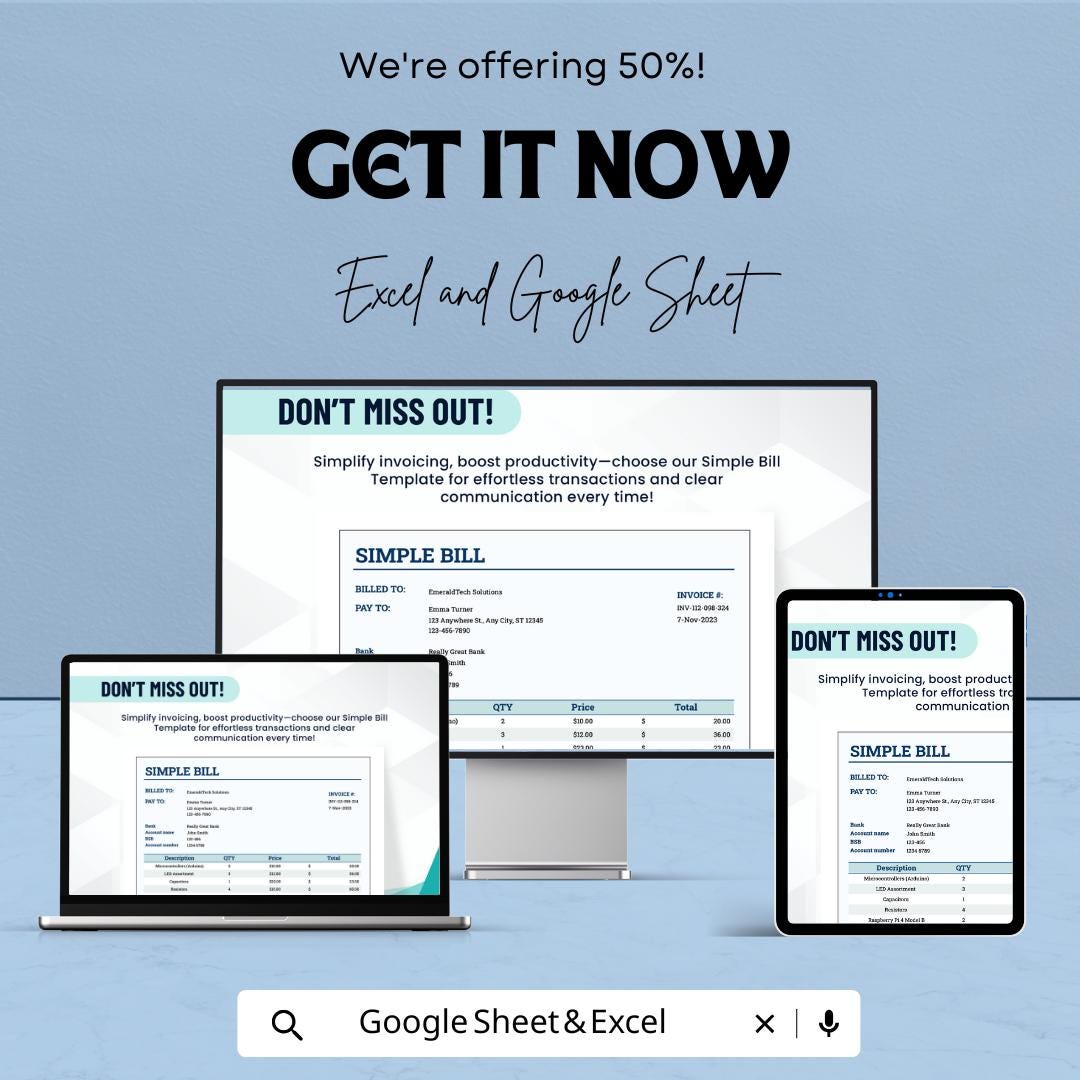 Simple Bill Sheet - Editable Invoice Template for Excel & Google Sheets, Professional Billing, Instant Download