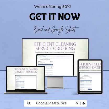 Professional Cleaning Service Order Sheet - Excel & Google Sheet - Easy Work Order Management for Cleaning Services
