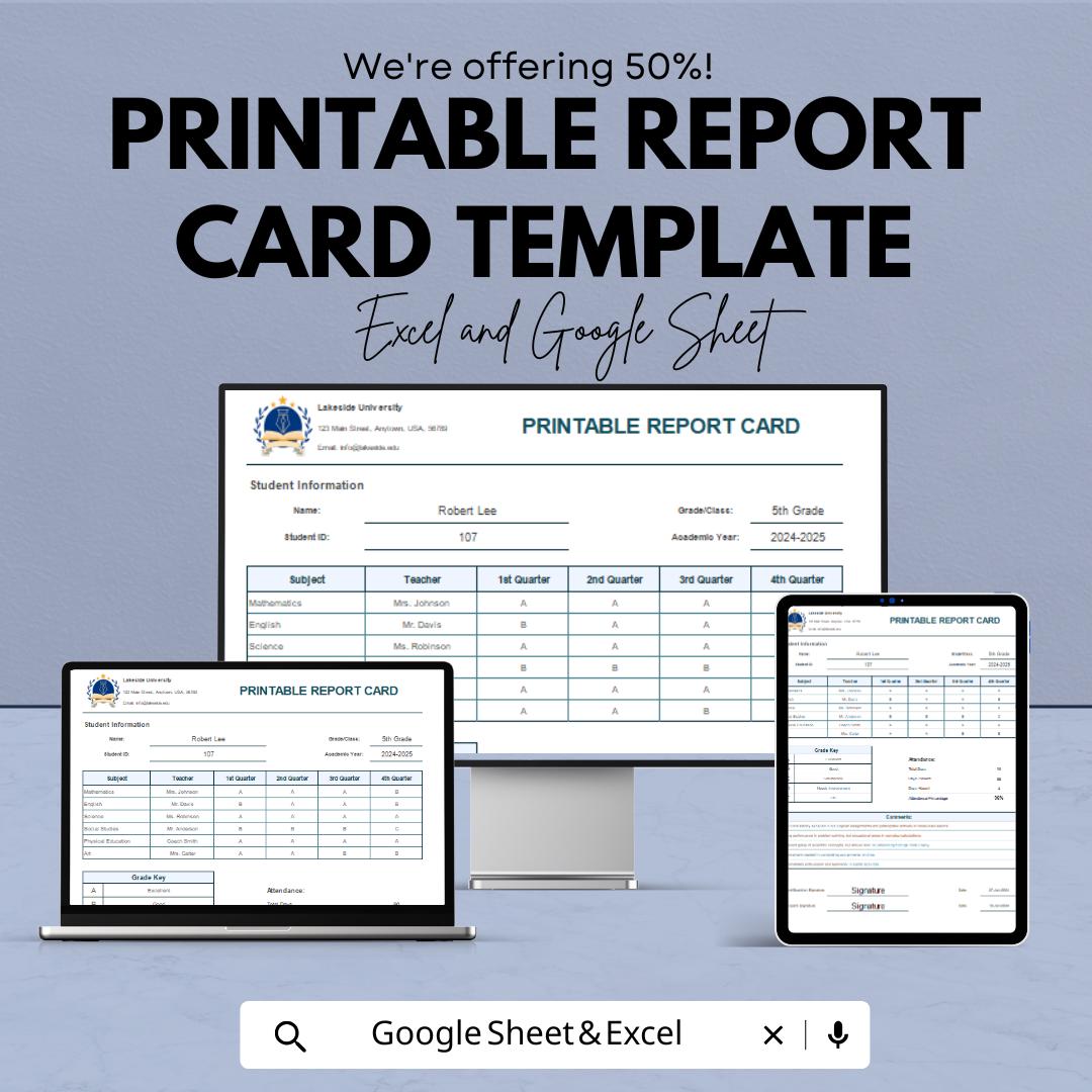 Printable Report Card Template | Excel & Google Sheets | Editable Student Progress Tracker | Grade Sheet | School Assessment Form