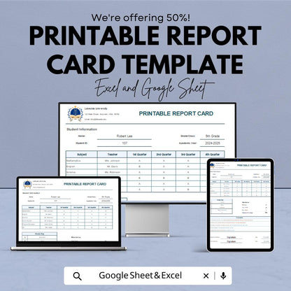 Printable Report Card Template | Excel & Google Sheets | Editable Student Progress Tracker | Grade Sheet | School Assessment Form