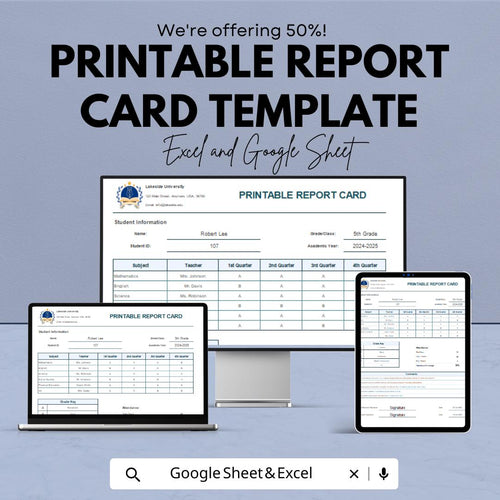 Printable Report Card Template | Excel & Google Sheets | Editable Student Progress Tracker | Grade Sheet | School Assessment Form