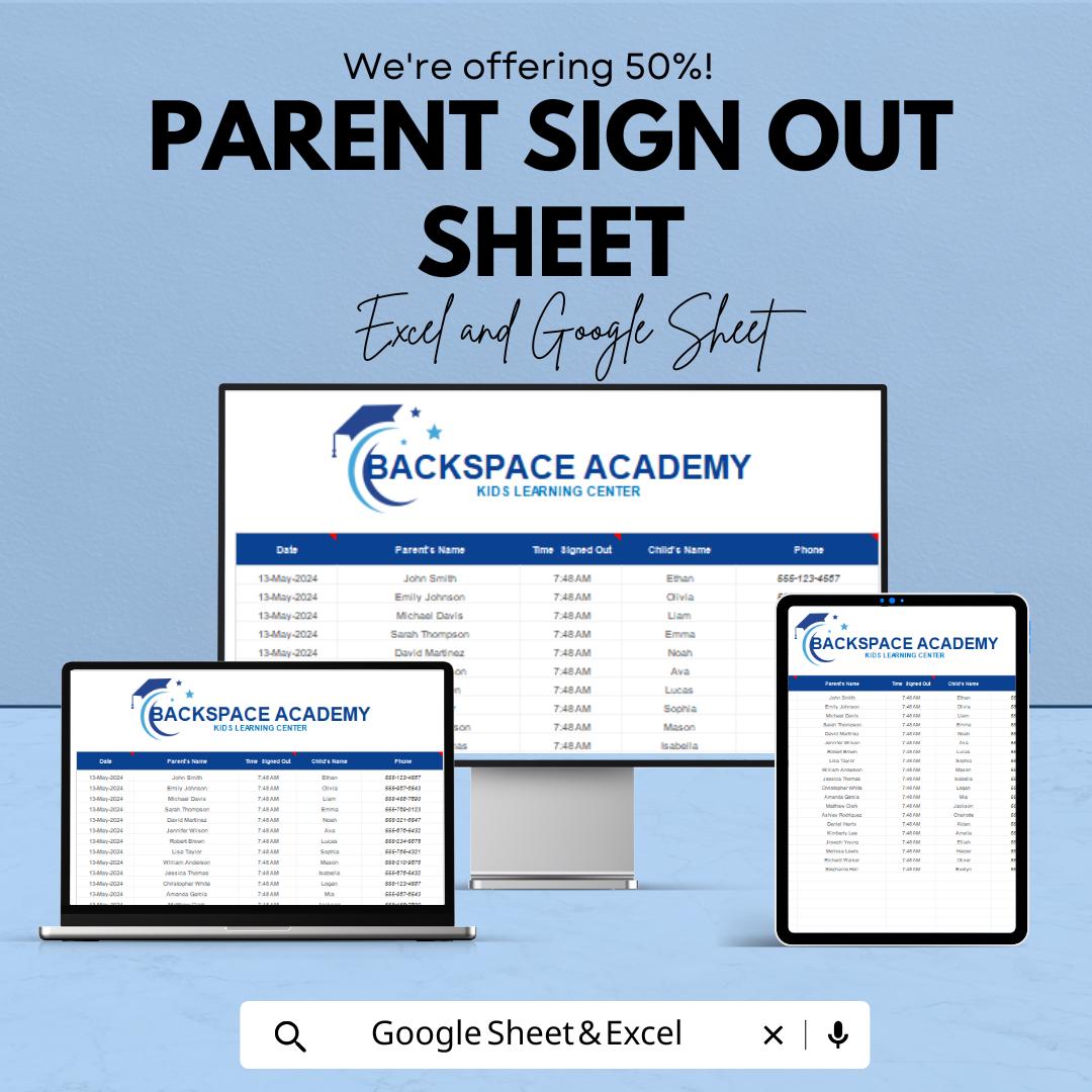 Parent Sign Out Sheet – Excel and Google Sheet Template | Track Parent Pickups & Child Sign Outs | 50% Off