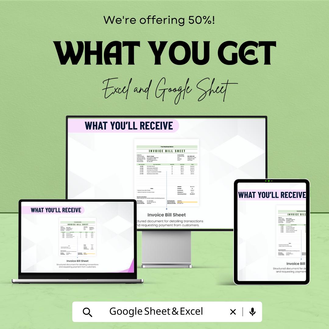 Invoice Bill Sheet for Small Business | Professional Invoice Template | Excel and Google Sheet | Customizable Billing Template