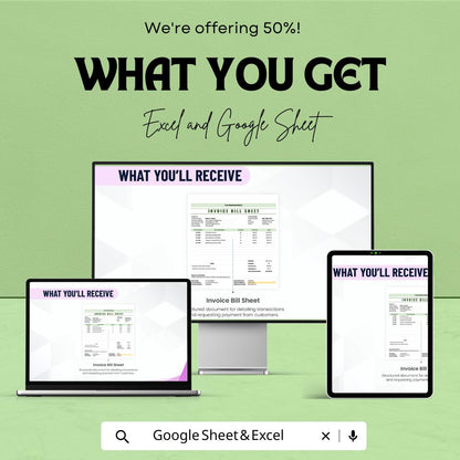 Invoice Bill Sheet for Small Business | Professional Invoice Template | Excel and Google Sheet | Customizable Billing Template