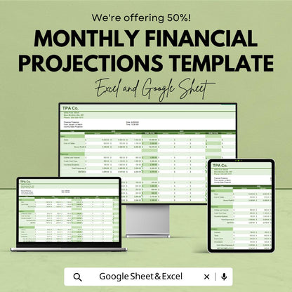 Monthly Financial Projections Template | Income and Expense Forecast | Profit and Loss Statement | Cash Flow Planner