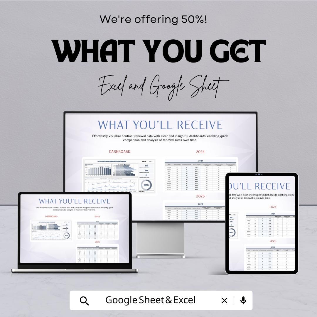 Sales Yearly Contract Renewal Rate Dashboard Template | Sales Analytics & Performance Tracker | Business Renewal Report Template