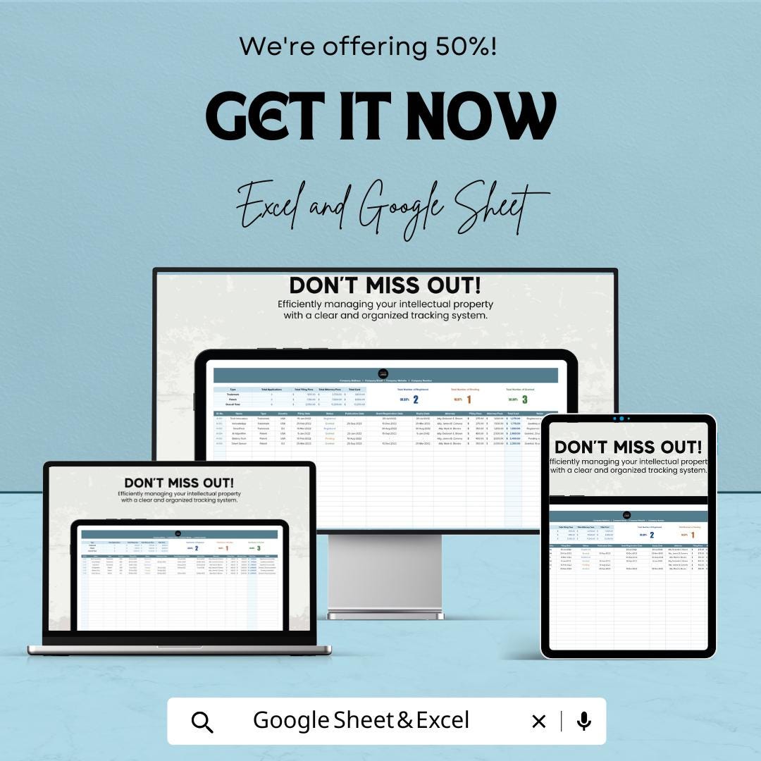 Startup Trademark and Patent Tracker, IP Application Tracker, Trademark Log, Patent Tracking Spreadsheet