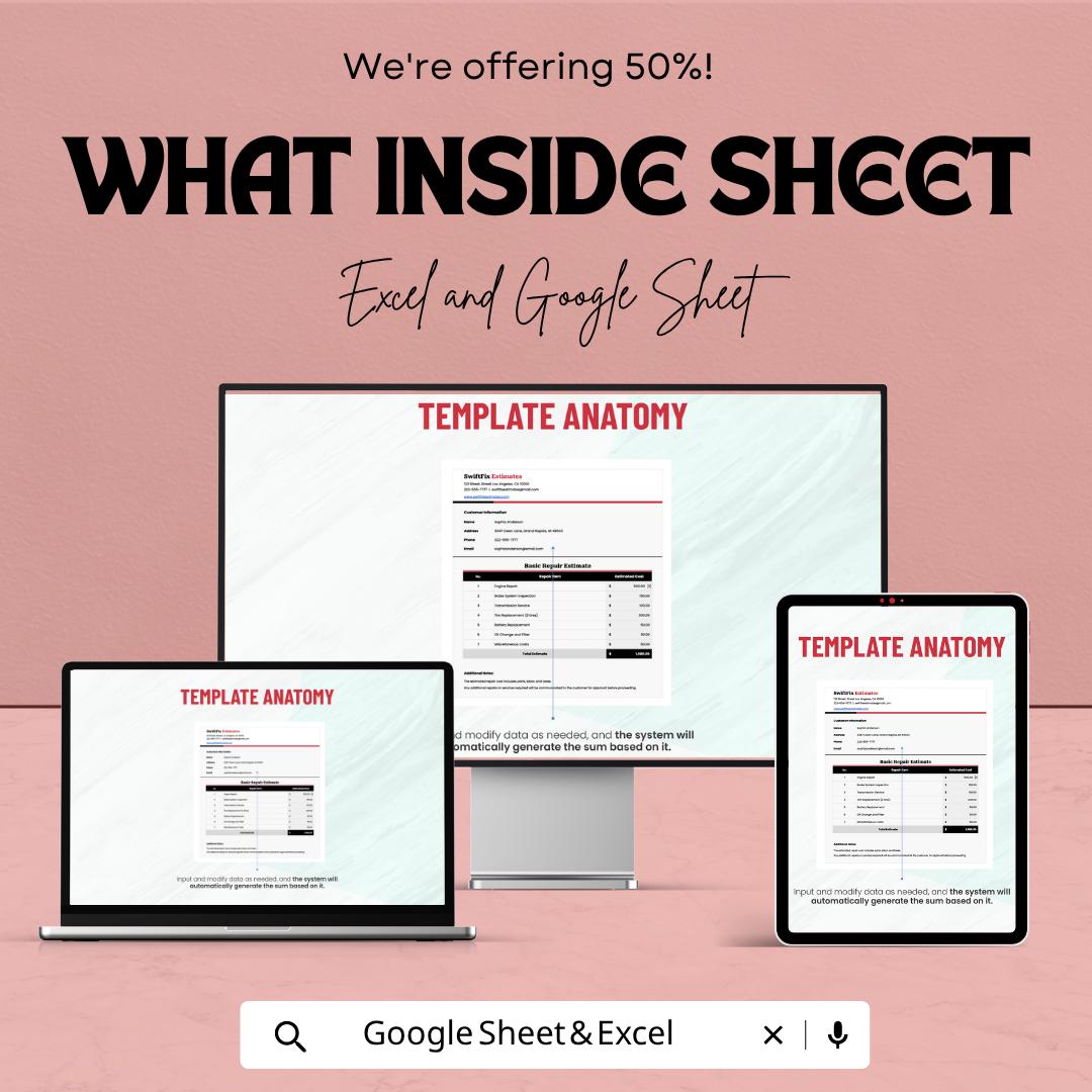 Repair Estimate Template Excel | Service Estimate Invoice | Contractor Quote Template | Auto Repair Estimate Sheet | Google Sheets Estimate