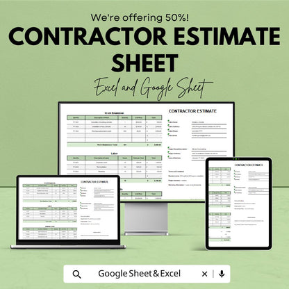 Contractor Estimate Template for Construction Projects | Excel & Google Sheets | 50% OFF