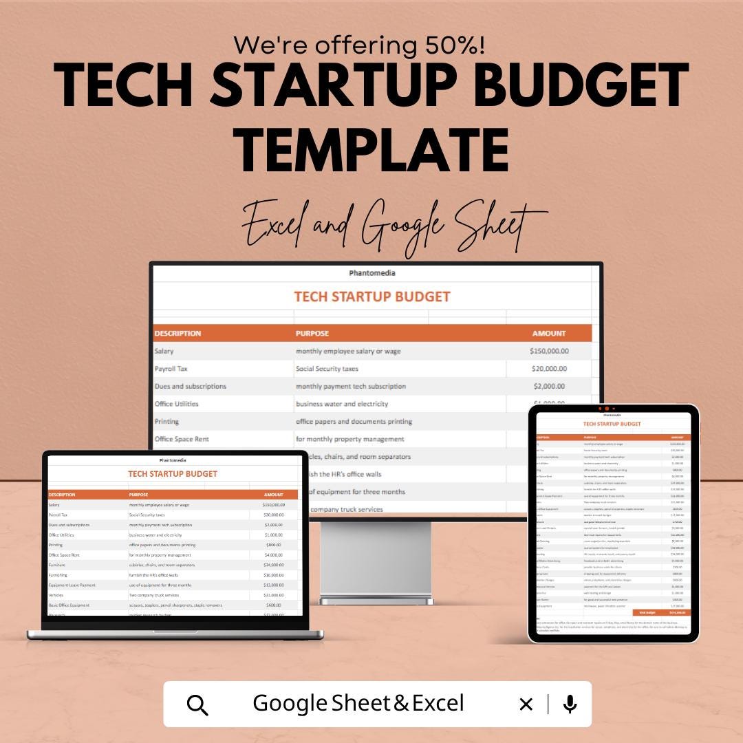 Tech Startup Budget Template | Startup Budget Spreadsheet | SaaS Financial Planning Sheet | Excel & Google Sheets | Expense Tracker Template