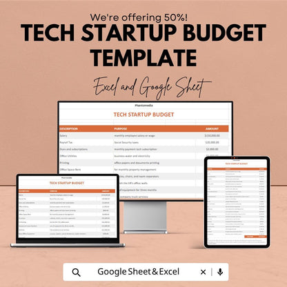 Tech Startup Budget Template | Startup Budget Spreadsheet | SaaS Financial Planning Sheet | Excel & Google Sheets | Expense Tracker Template