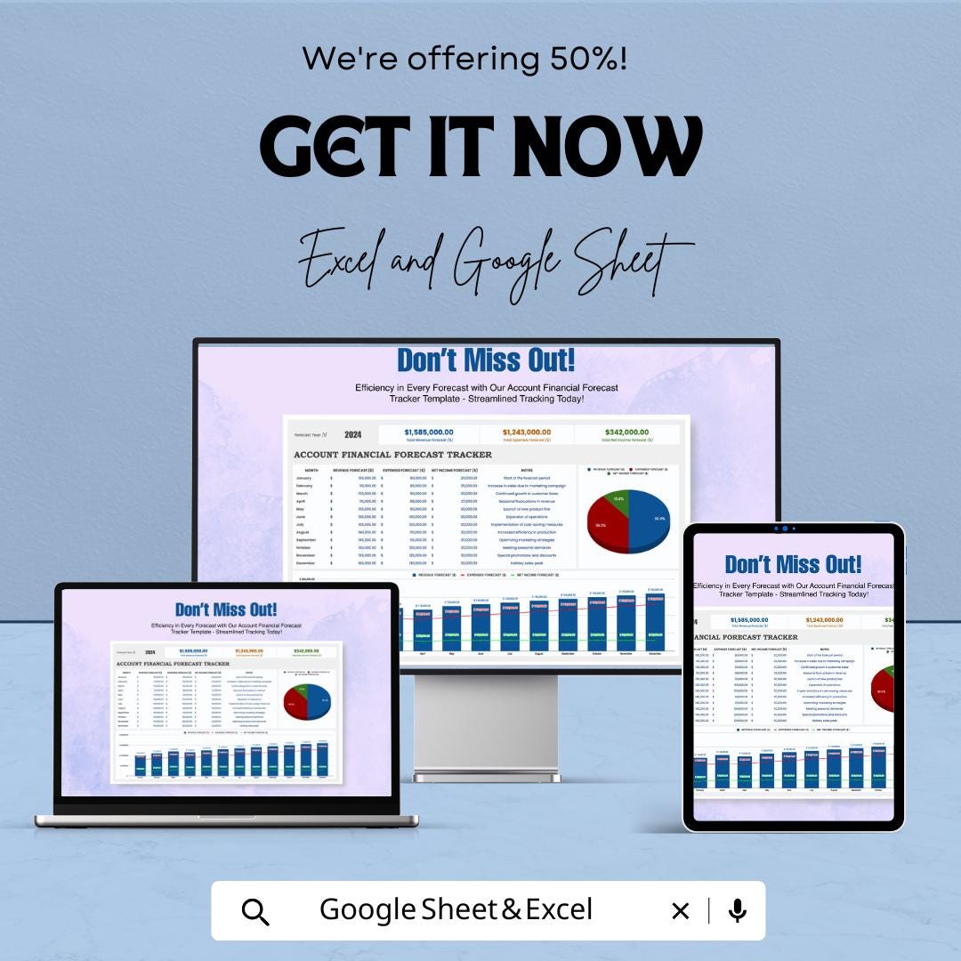 Account Financial Forecast Tracker Template | Financial Projection Tool | Budget Forecast Spreadsheet | Business Finance Template