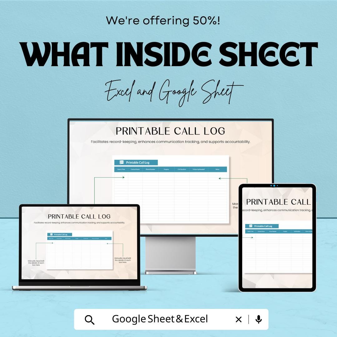 Printable Call Log Sheet | Excel & Google Sheets Template | Track Calls, Contact Info, Duration, and Notes | Professional Call Tracking