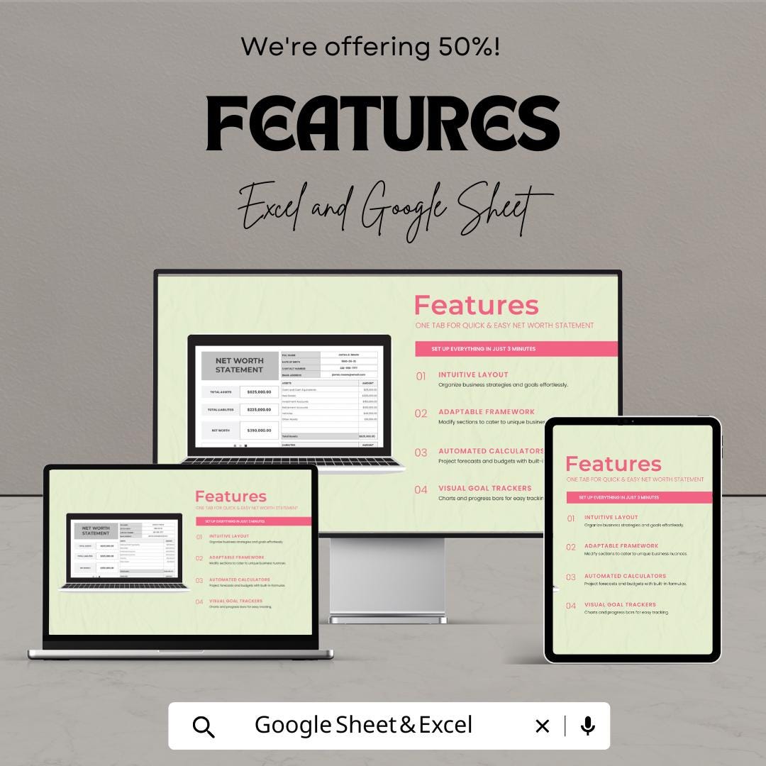 Net Worth Statement Template | Excel and Google Sheets | Personal Finance Tracker, Asset & Liability Calculator, Budget Planner