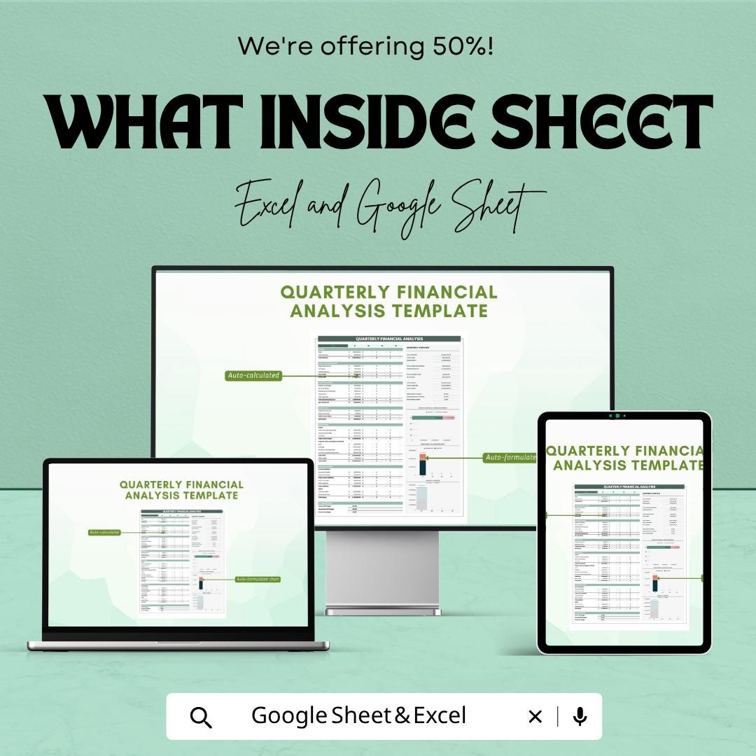 Quarterly Financial Analysis Template | Financial Report Spreadsheet | Business Finance Dashboard Template