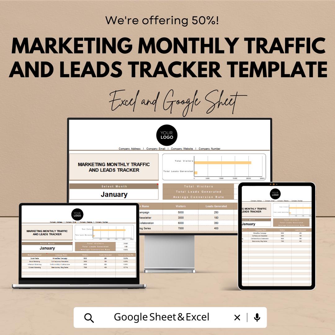Marketing Monthly Traffic and Leads Tracker Template | Excel and Google Sheets | Website Traffic & Lead Tracking Spreadsheet
