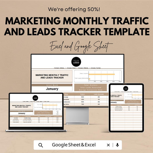 Marketing Monthly Traffic and Leads Tracker Template | Excel and Google Sheets | Website Traffic & Lead Tracking Spreadsheet
