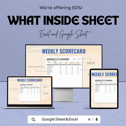 Weekly Scorecard Template | KPI Tracker Spreadsheet | Performance Dashboard | Excel & Google Sheets | Weekly Metrics Tracker